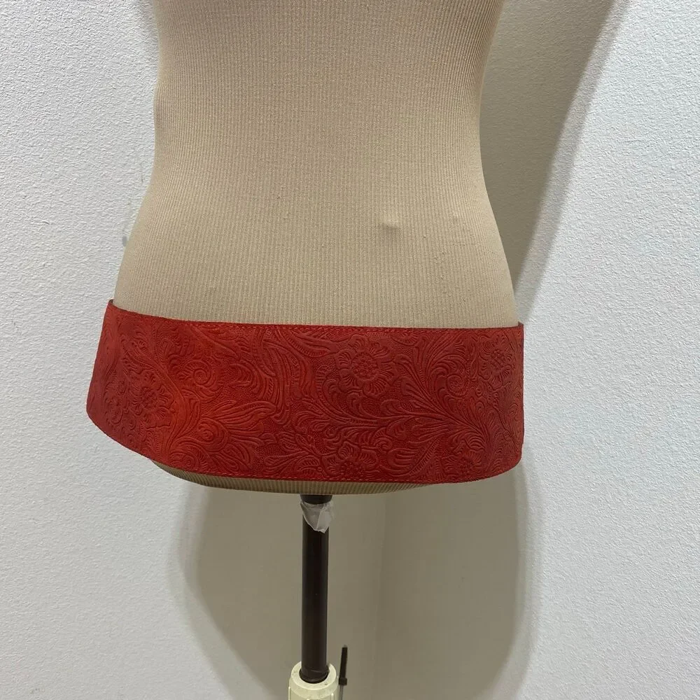 Made In Italy Red Embossed Leather Belt Wide Waist Cinching Corset Belt Sz M/L